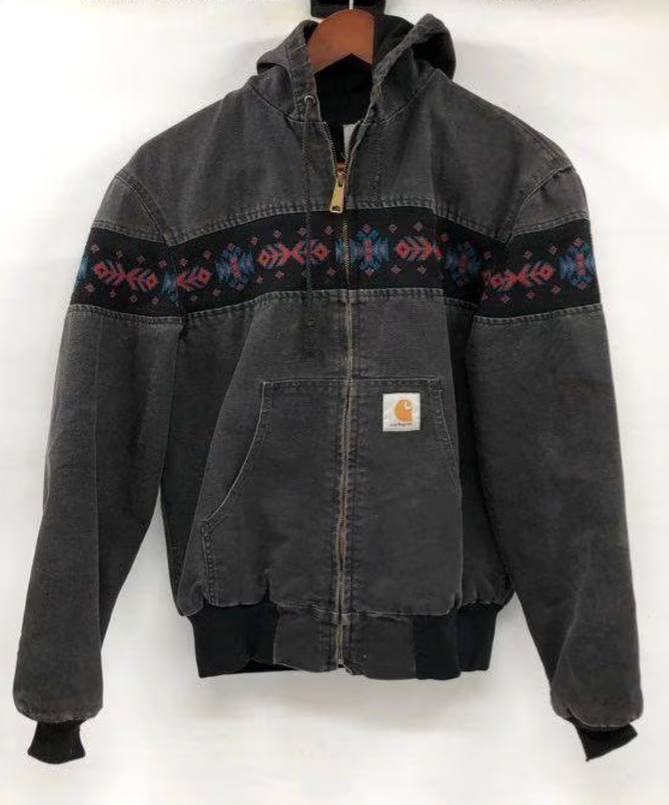 VTG Carhartt Southwest Aztec Hooded Jacket JR0005 Black/Grey Distressed sz M USA