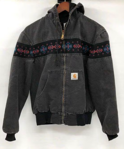 VTG Carhartt Southwest Aztec Hooded Jacket JR0005 Black/Grey Distressed sz M USA