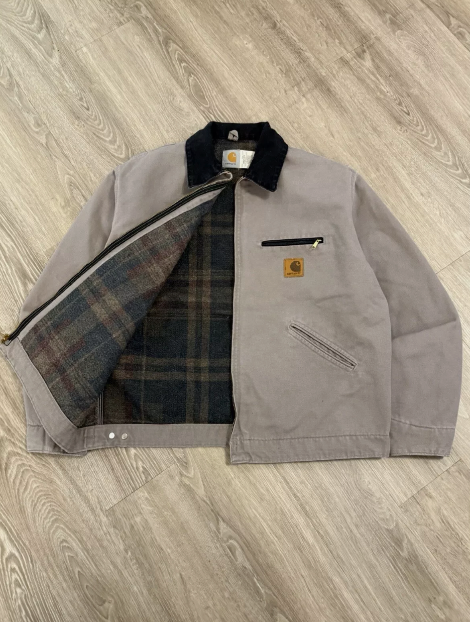 VTG Carhartt Detroit J76 CMT Work Jacket Large Blanket Lined Cement Gray USA 90s