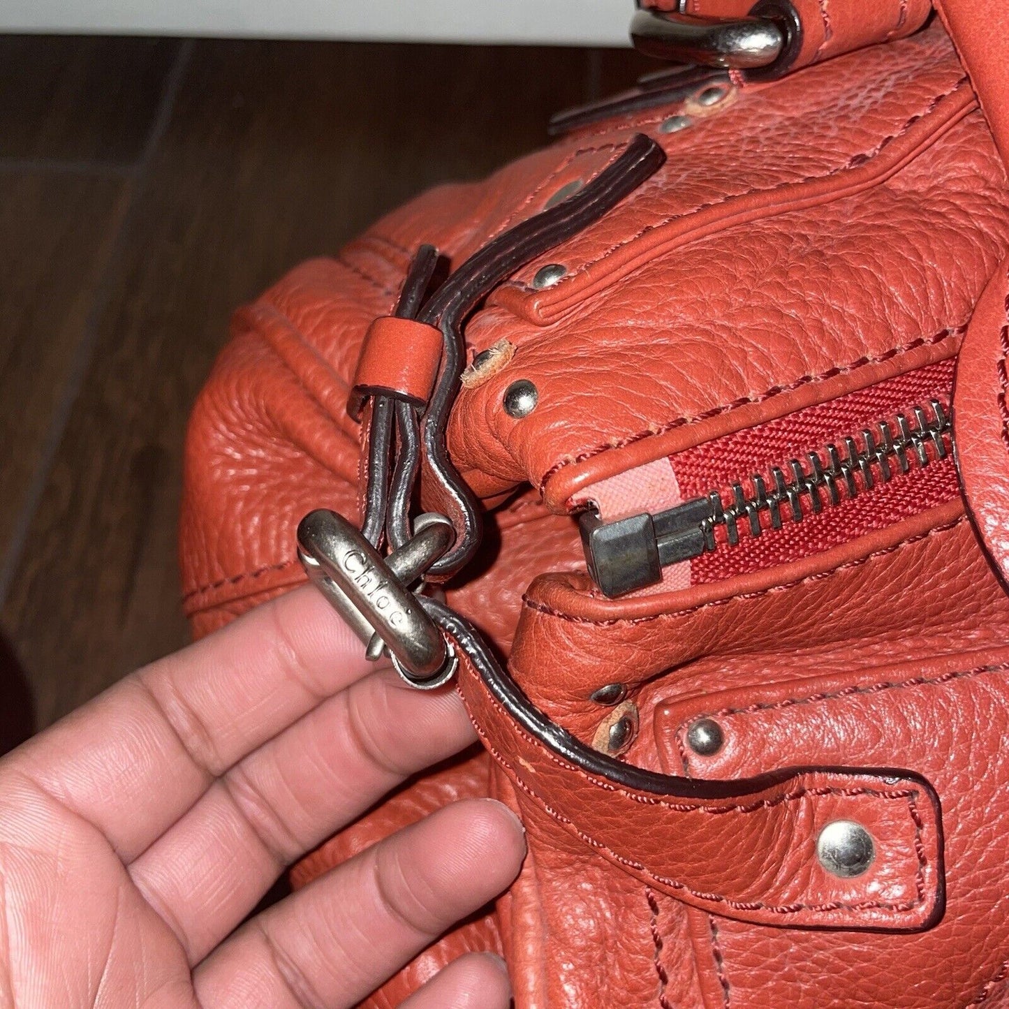 Chloe Paddington Hand Shoulder Bag Red Orange Leather Silver Hardware No Lock jO