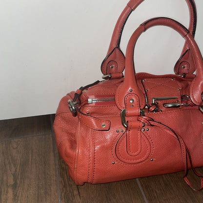 Chloe Paddington Hand Shoulder Bag Red Orange Leather Silver Hardware No Lock jO