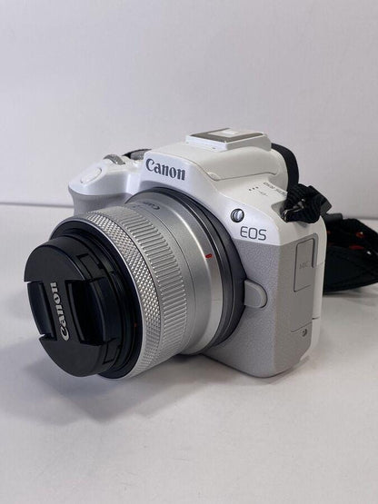 White Canon EOS R50 4K Video Mirrorless Camera with RF-S 18-45mm f/4.5-6.3