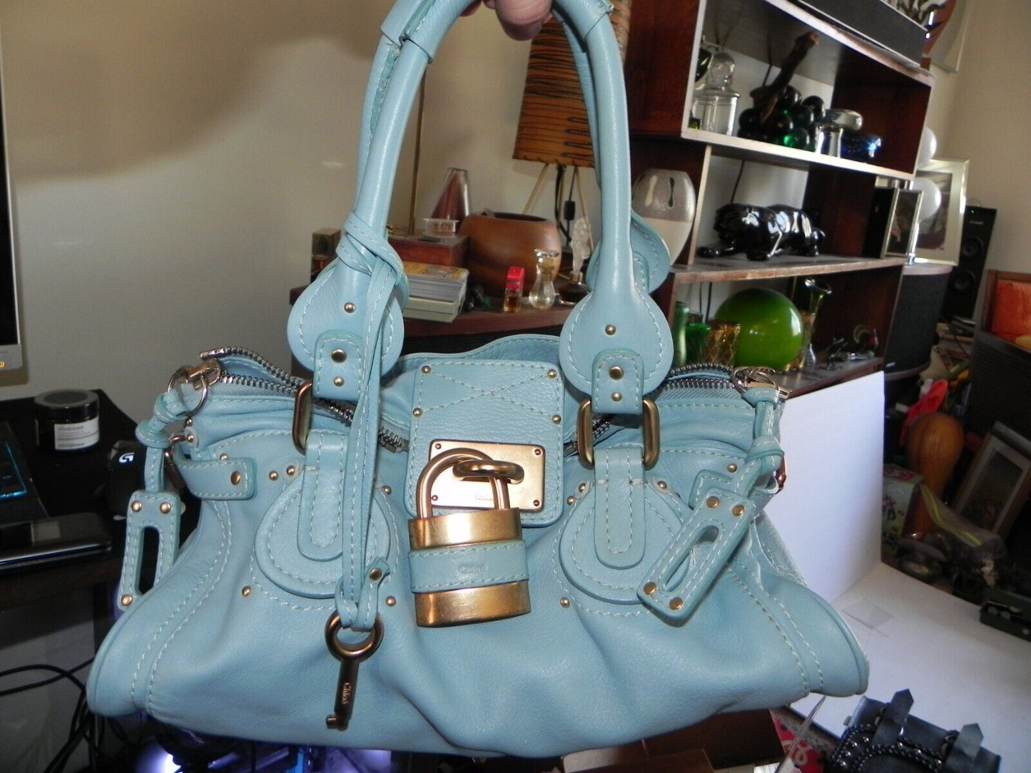 Chloe Paddington Gold Padlock Key Hand Bag Blue Leather Used VP