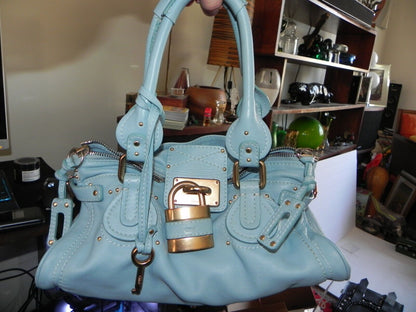 Chloe Paddington Gold Padlock Key Hand Bag Blue Leather Used VP