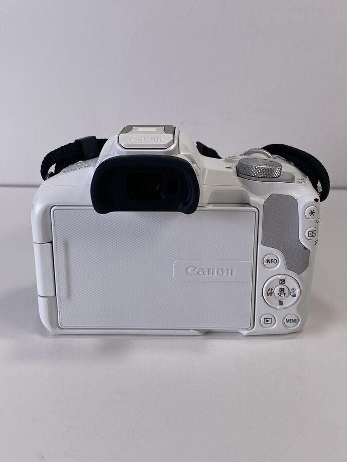 White Canon EOS R50 4K Video Mirrorless Camera with RF-S 18-45mm f/4.5-6.3