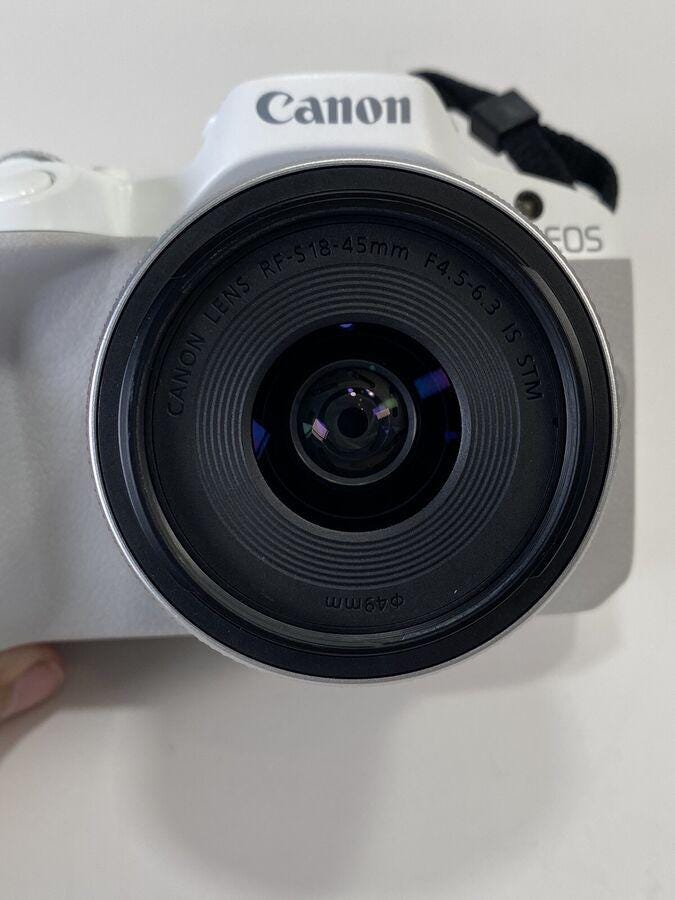 White Canon EOS R50 4K Video Mirrorless Camera with RF-S 18-45mm f/4.5-6.3