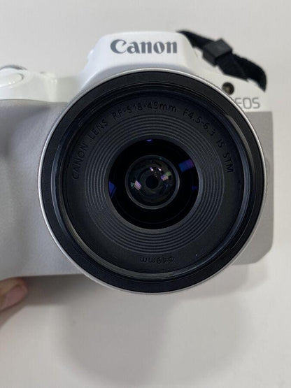 White Canon EOS R50 4K Video Mirrorless Camera with RF-S 18-45mm f/4.5-6.3