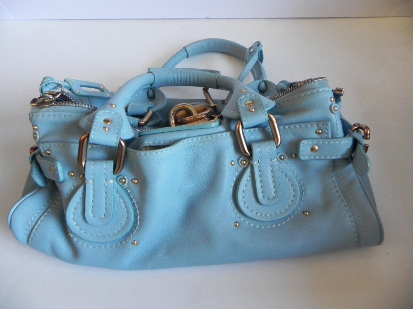 Chloe Paddington Gold Padlock Key Hand Bag Blue Leather Used VP