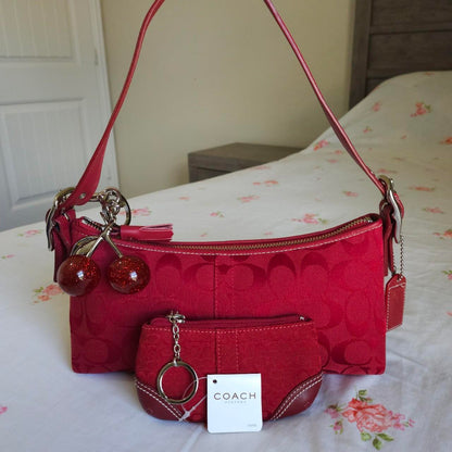 🍒 Y2K Vintage Rare Coach Red East West Baguette Shoulder Bag With Coin Purse 🍒 fM