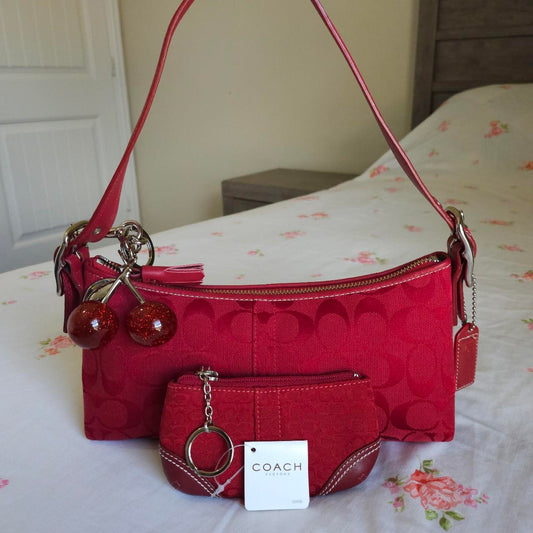 🍒 Y2K Vintage Rare Coach Red East West Baguette Shoulder Bag With Coin Purse 🍒 fM