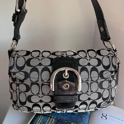 Coach Signature Buckle Shoulder Bag Black Grey Silver hO