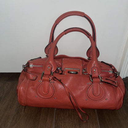 Chloe Paddington Hand Shoulder Bag Red Orange Leather Silver Hardware No Lock jO
