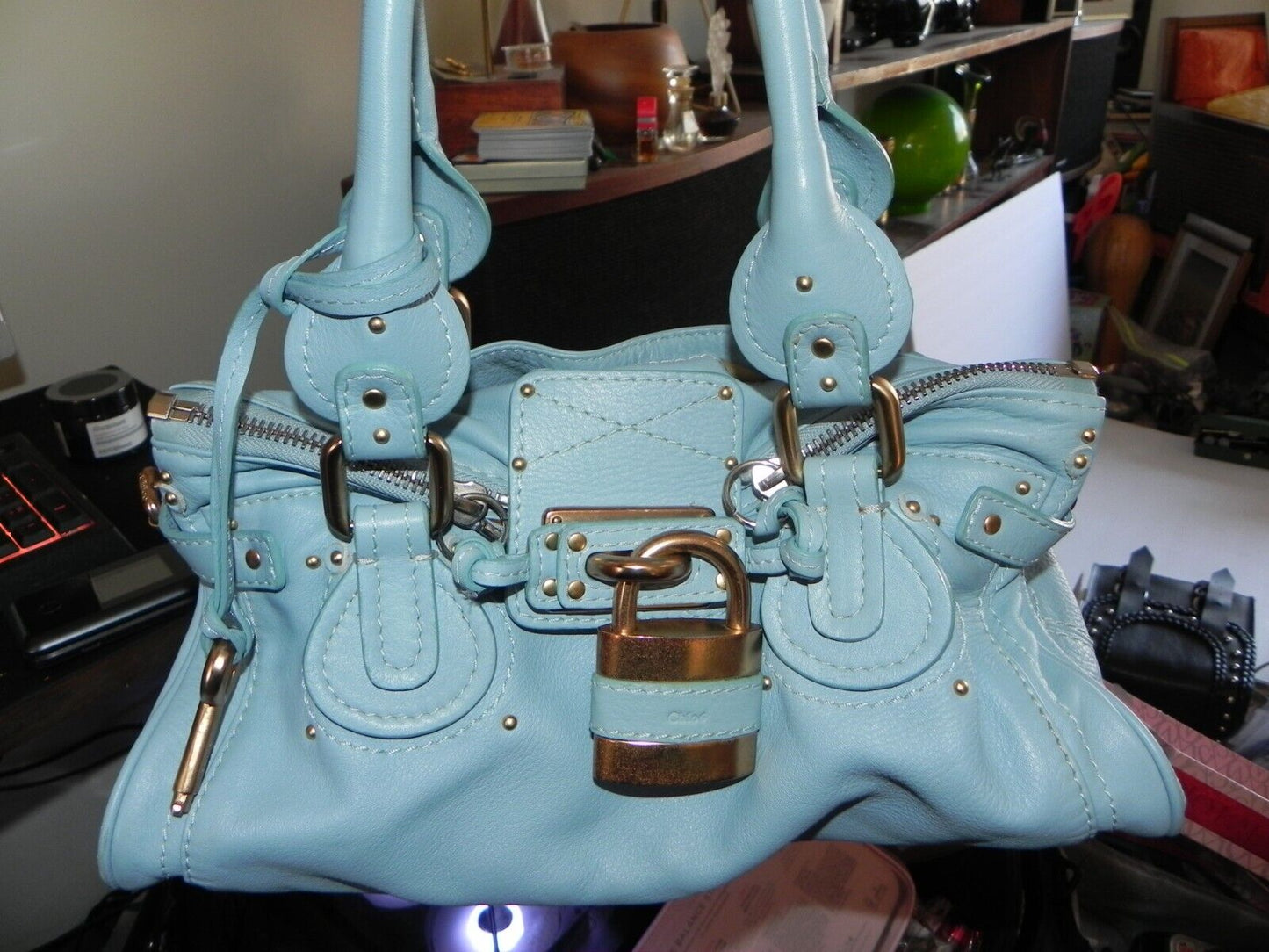 Chloe Paddington Gold Padlock Key Hand Bag Blue Leather Used VP
