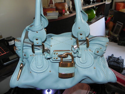 Chloe Paddington Gold Padlock Key Hand Bag Blue Leather Used VP